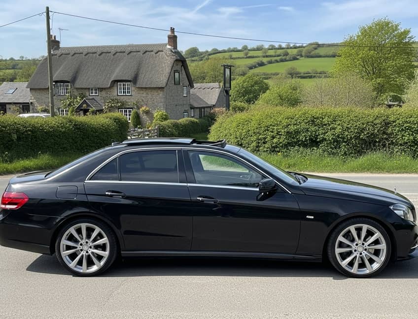 Blue Ford Focus on a Devon country lane with traditional stone walls and rolling hills, representing quality vehicle hire in Tiverton's beautiful countryside